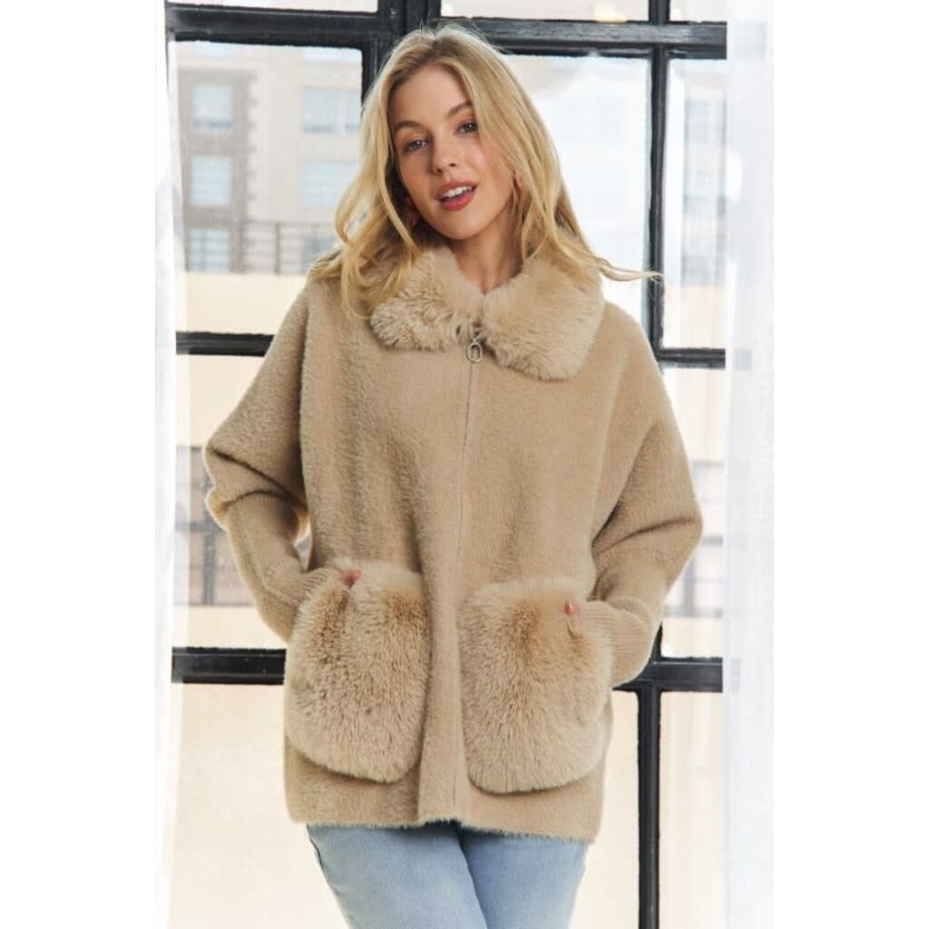 Adora Adora Faux Fur Accent Zip Up Sweater Coat