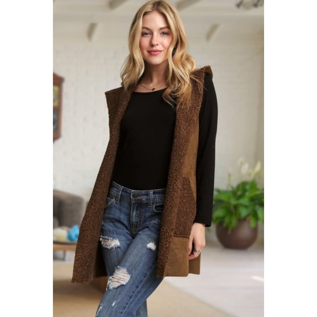 Adora Adora Faux Suede Hoodie Vest with Sherpa