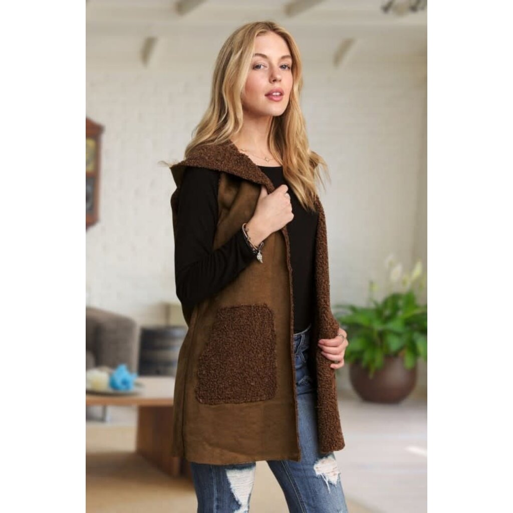 Adora Adora Faux Suede Hoodie Vest with Sherpa