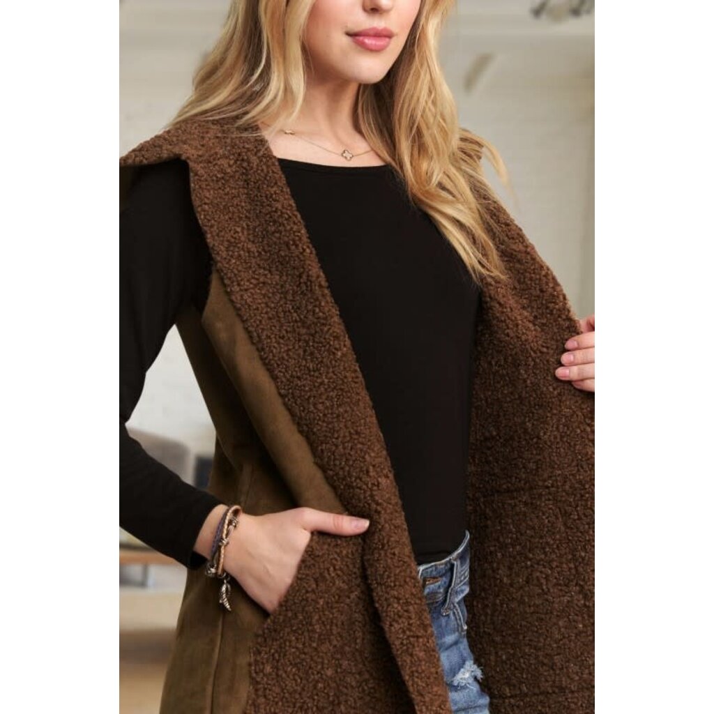 Adora Adora Faux Suede Hoodie Vest with Sherpa