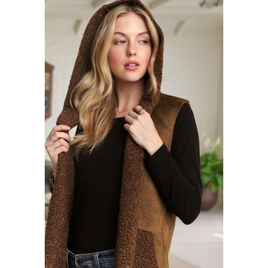Adora Adora Faux Suede Hoodie Vest with Sherpa