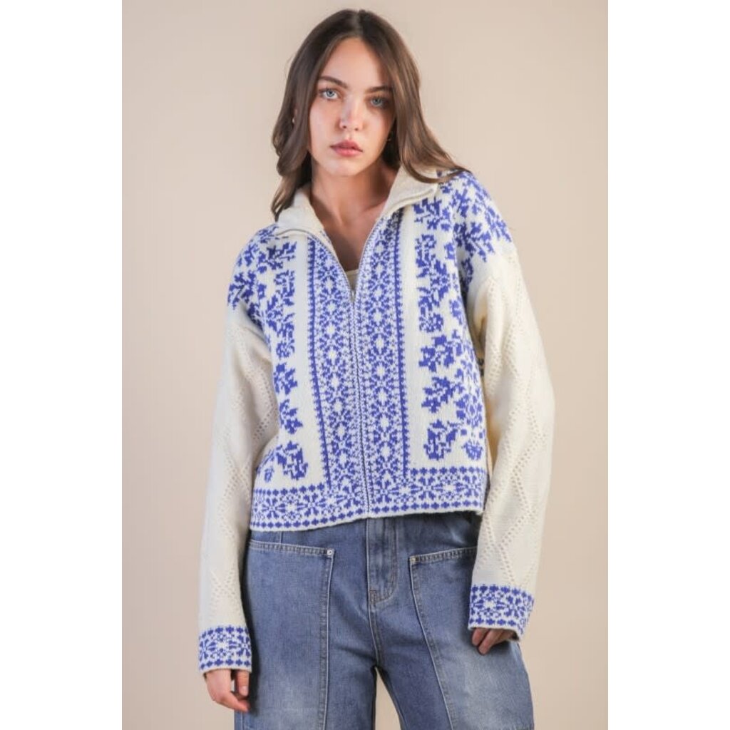 Very J Very J Graphic Knit Zip Up Cardigan Sweater