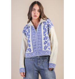 Very J Graphic Knit Zip Up Cardigan Sweater