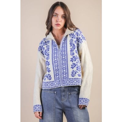 Very J Graphic Knit Zip Up Cardigan Sweater