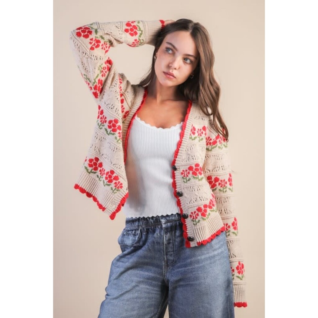 Very J Very J Floral Graphic Knit Sweater Cardigan
