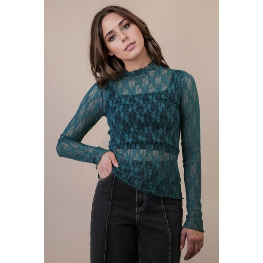 Very J Very J High Neck Fitted Sheer Mesh Lace Knit Top