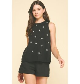 Pinch Rhinestone and Pearl Embroidered Knit Top