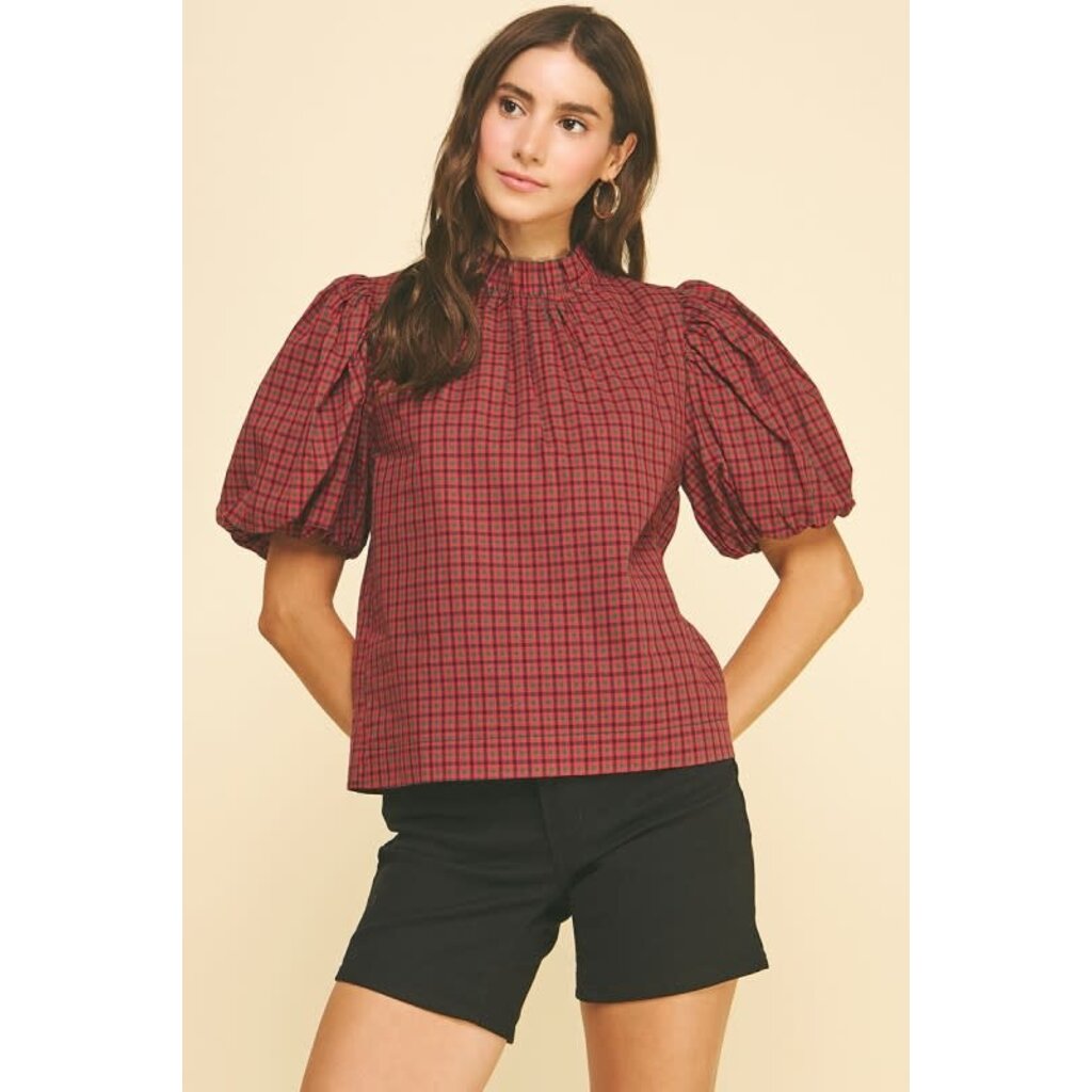 Pinch Pinch Plaid Ruffled Mock Neck Blouse Top