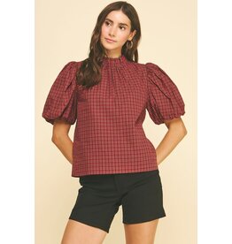 Pinch Plaid Ruffled Mock Neck Blouse Top
