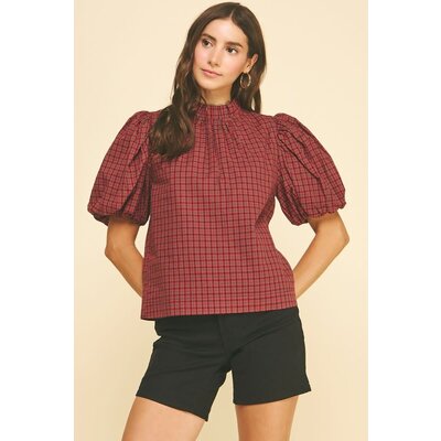 Pinch Plaid Ruffled Mock Neck Blouse Top