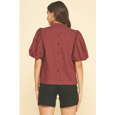 Pinch Pinch Plaid Ruffled Mock Neck Blouse Top