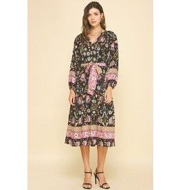 Pinch Patterned Dress with Waist Tie