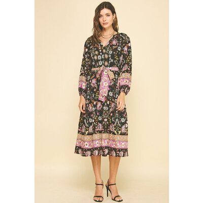 Pinch Patterned Dress with Waist Tie