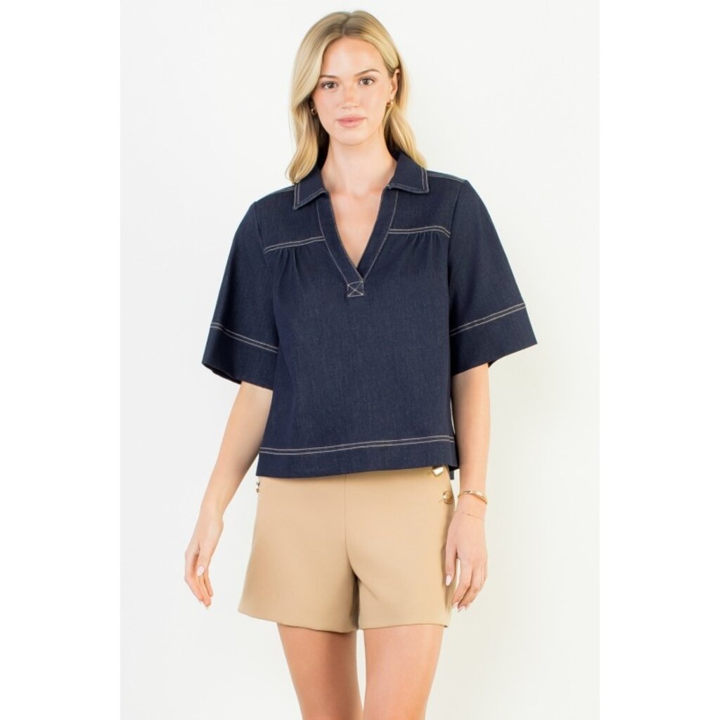 THML THML Short Sleeve Denim V-Neck Top