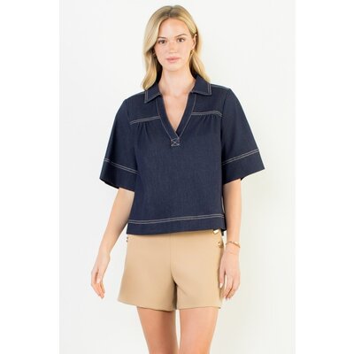 THML Short Sleeve Denim V-Neck Top
