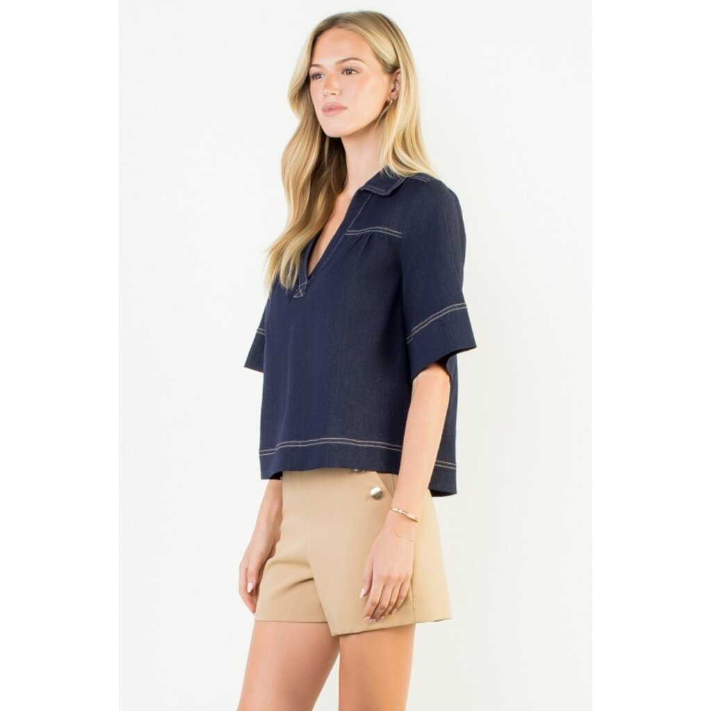 THML THML Short Sleeve Denim V-Neck Top