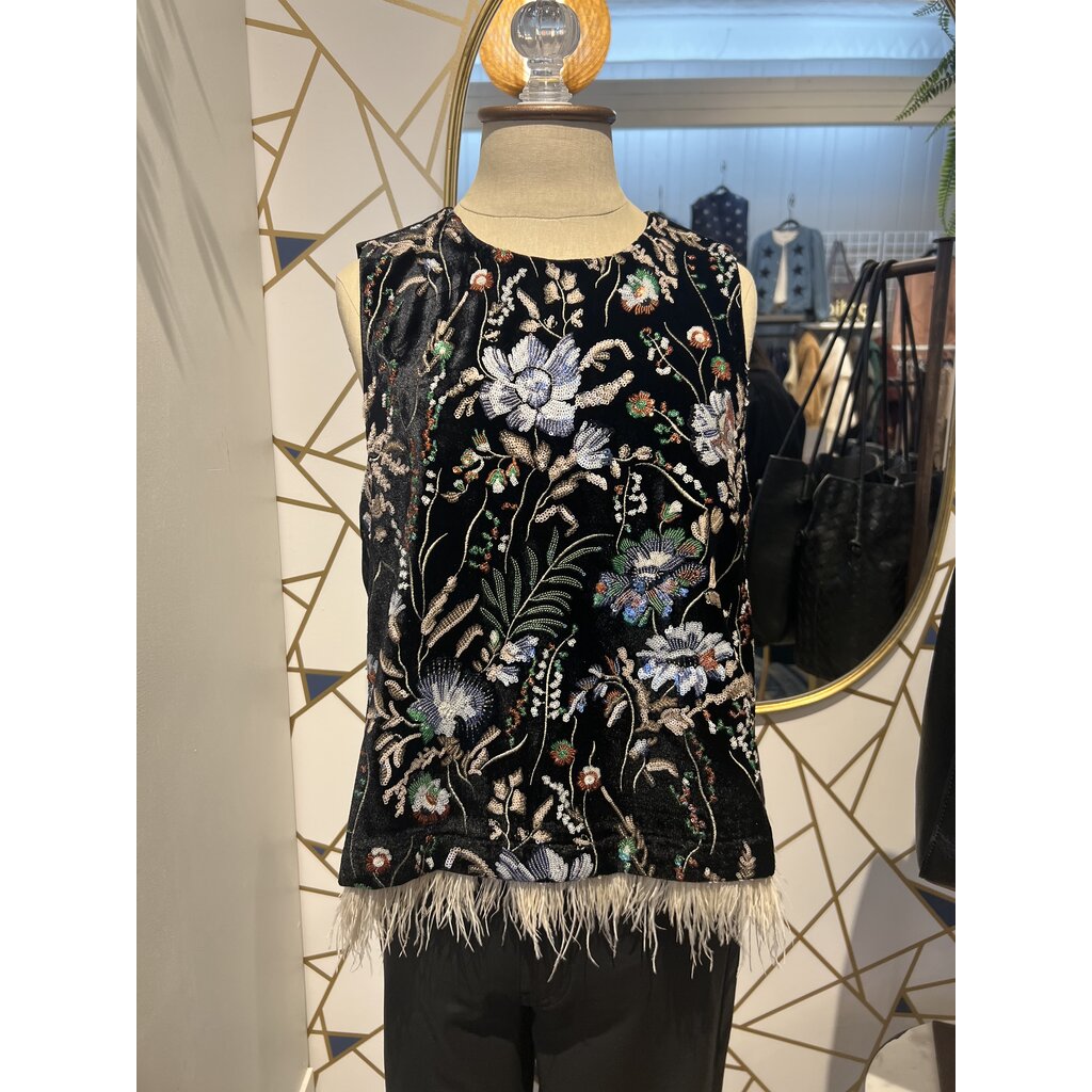 THML THML Sleeveless Floral Embroidery Feathery Hem Top