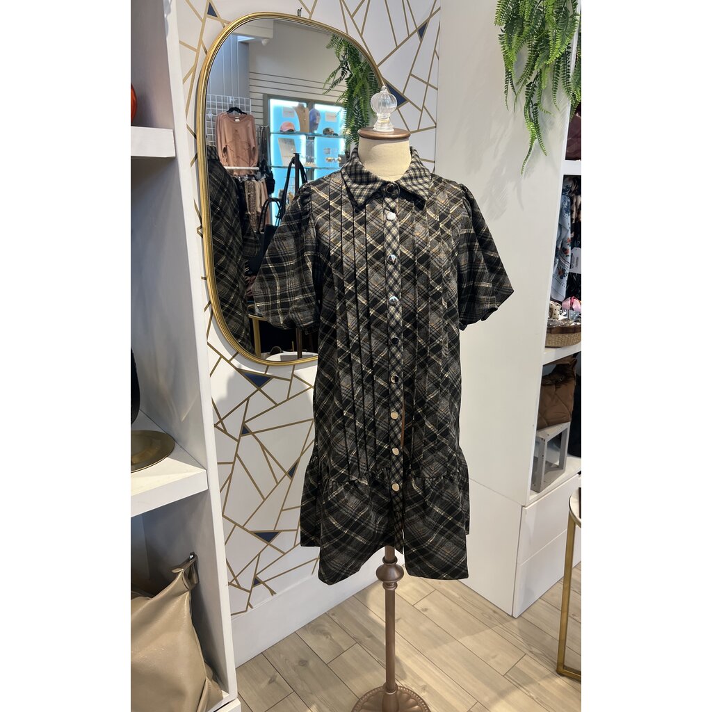 THML THML Puff Sleeve Plaid Suede Dress