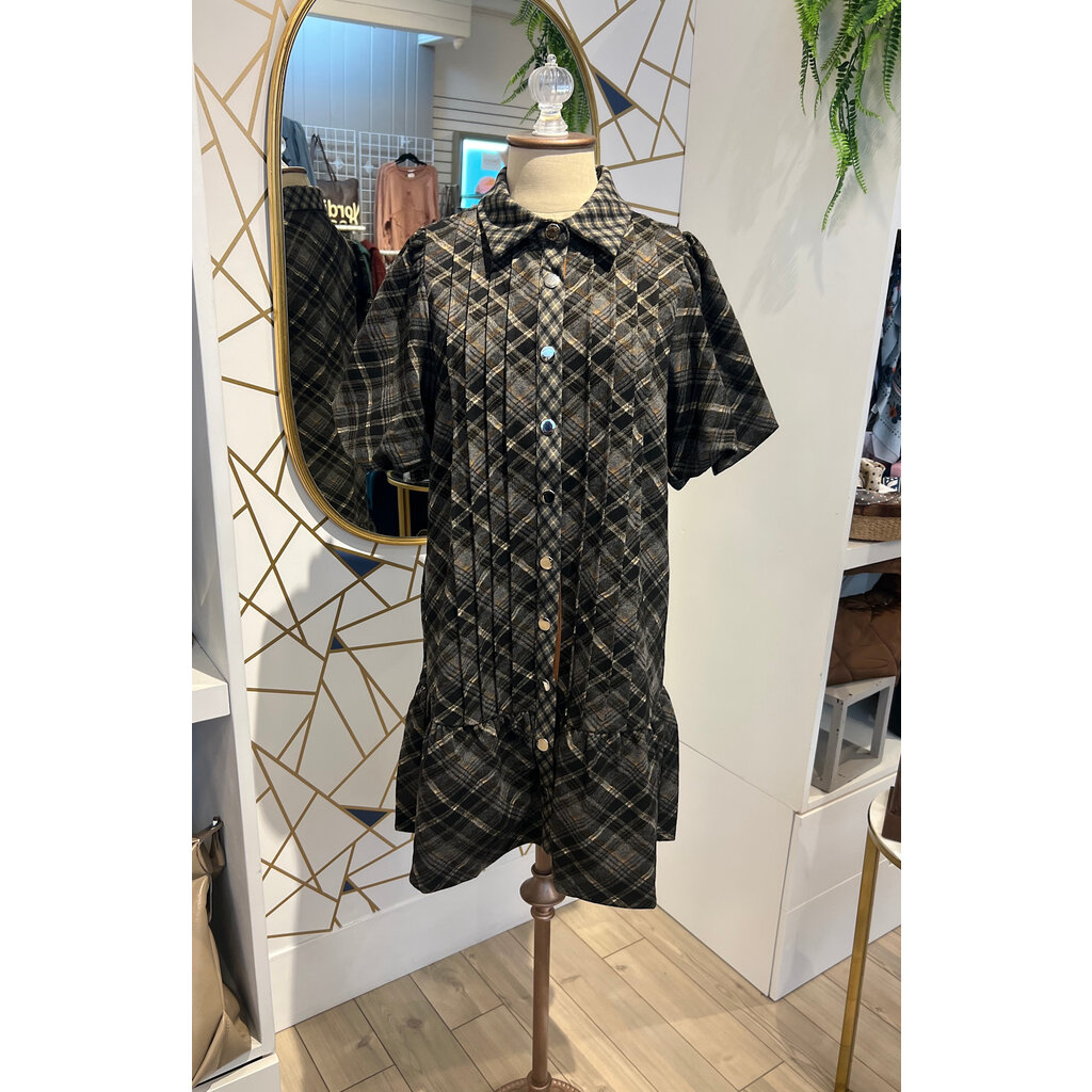 THML THML Puff Sleeve Plaid Suede Dress
