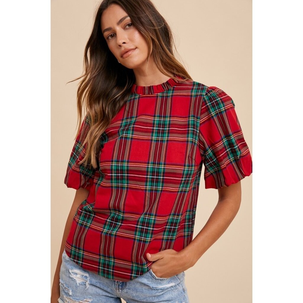 Anniewear Anniewear Plaid Ruffle Mock Neck Blouse