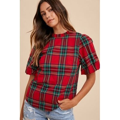 Anniewear Plaid Ruffle Mock Neck Blouse