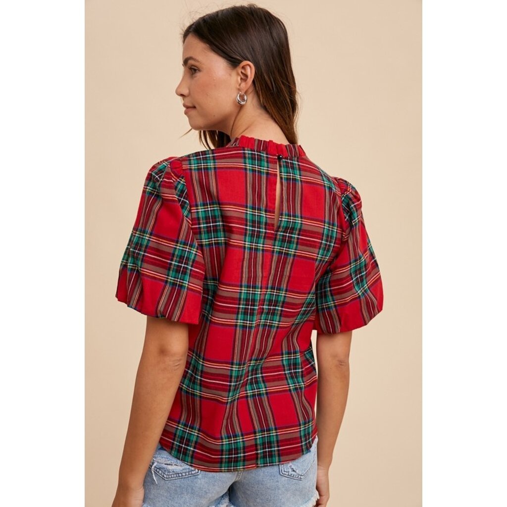 Anniewear Anniewear Plaid Ruffle Mock Neck Blouse