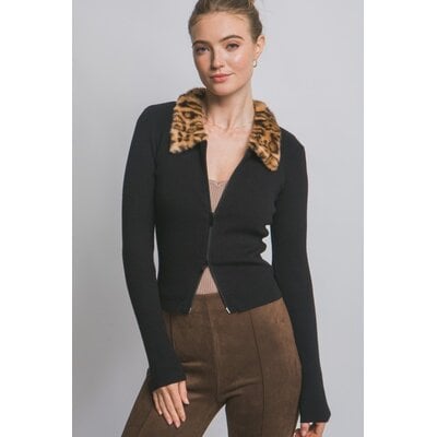 Love Tree Leopard Fur Collar Cardigan