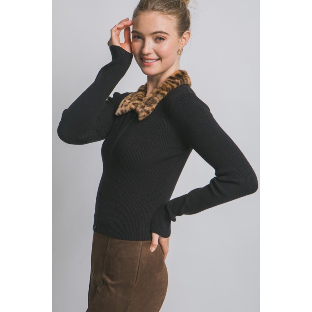 Love Tree Love Tree Leopard Fur Collar Cardigan