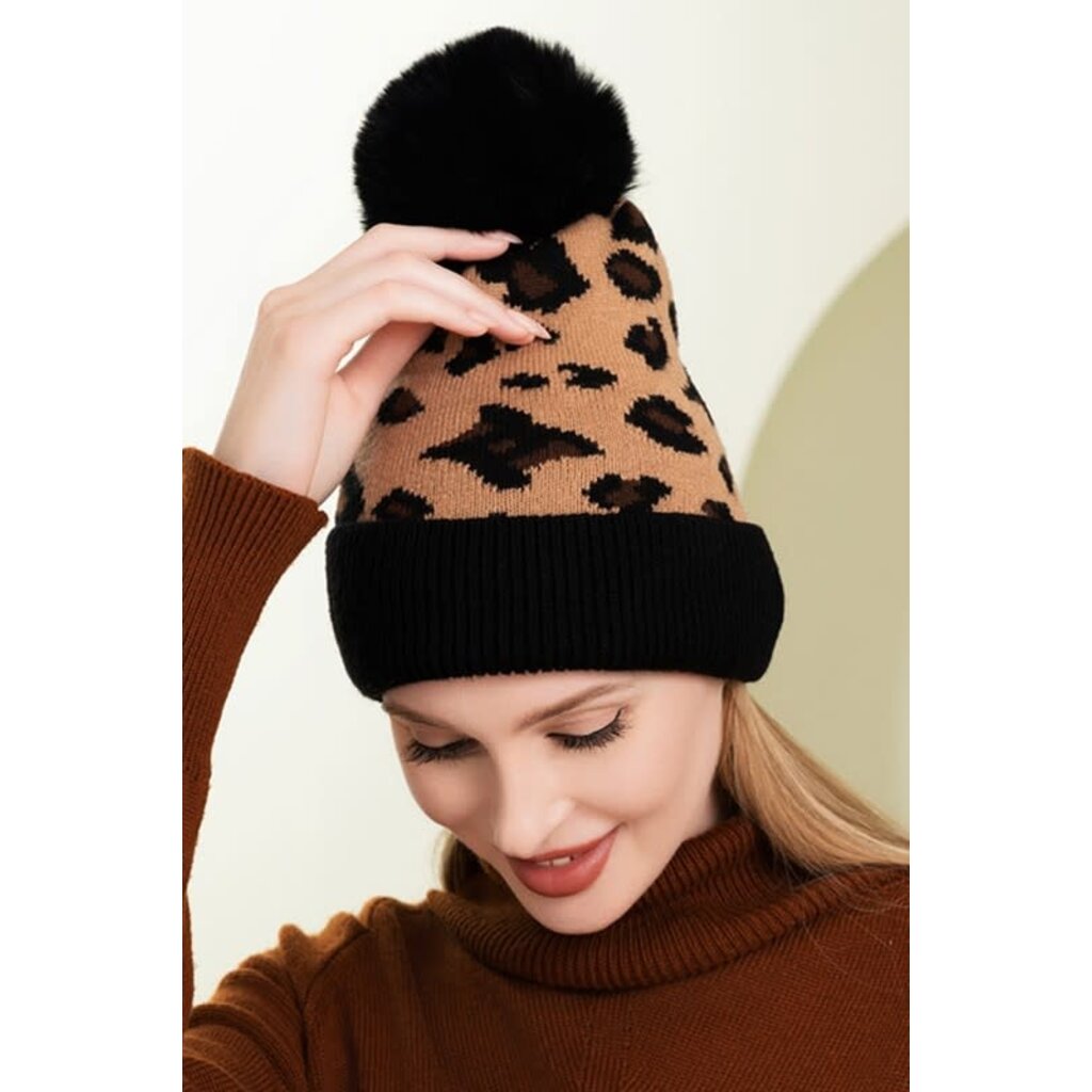 Wona Wona Leopard Print Faux Fur Pom Pom Beanie Hat