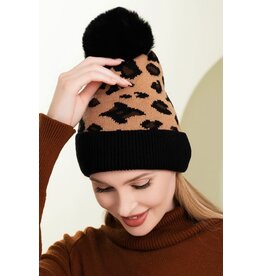 Wona Leopard Print Faux Fur Pom Pom Beanie Hat