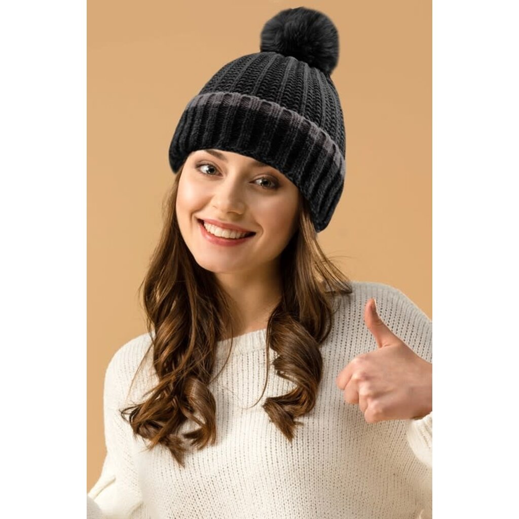 Wona Wona Ribbed Knit Pom Pom Beanie Hat