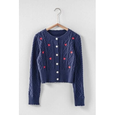 Trend Notes Embroidered Heart Cable Knit Cardigan