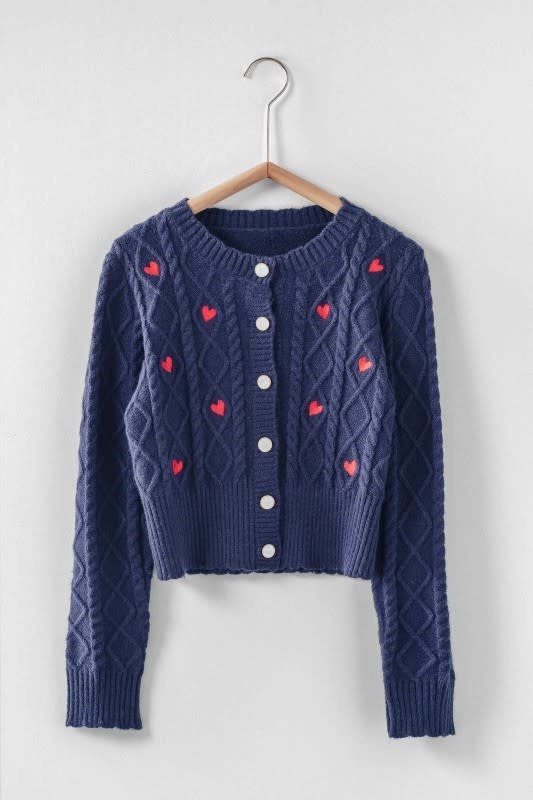 Trend Notes Embroidered Heart Cable Knit Cardigan 0623-6201