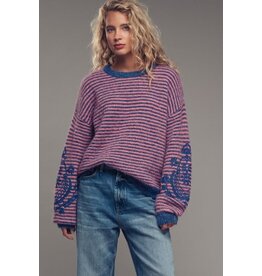 Trend Notes Striped Embroidered Sleeve Sweater