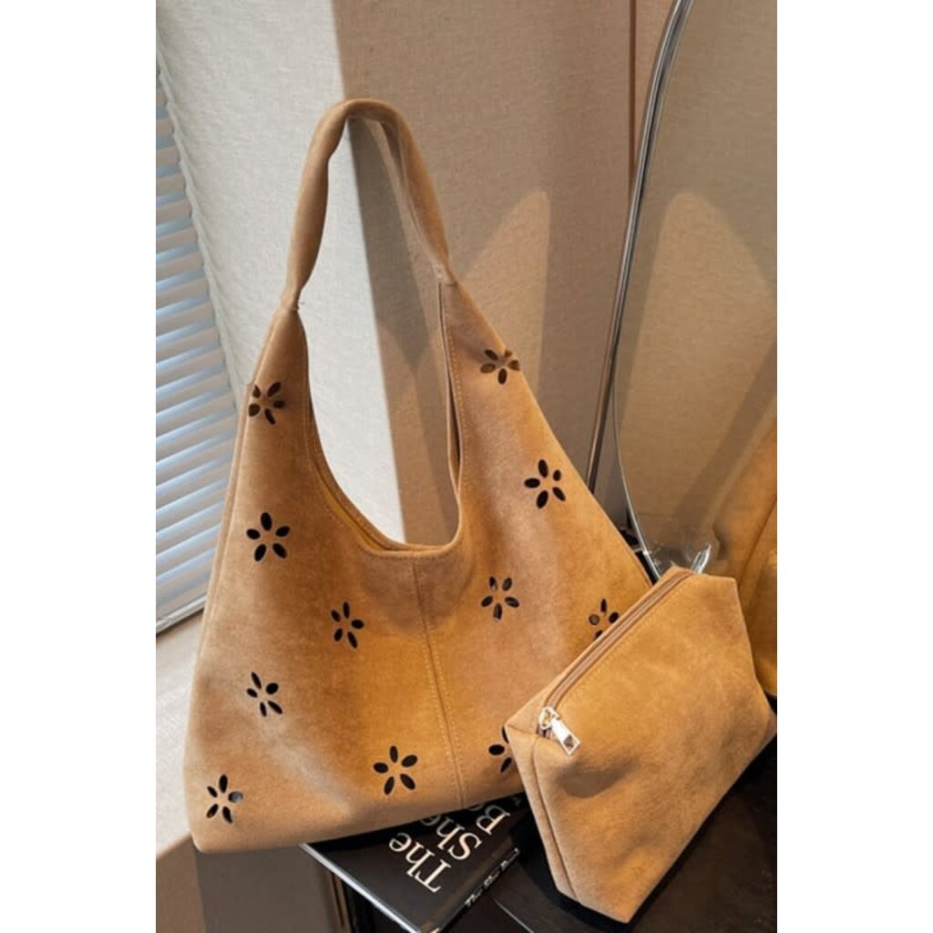 Swan Madchen Swan Madchen Suede Hollow Flower Petal Shoulder Tote