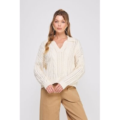 Allie Rose Classic Cable Knit Polo Sweater