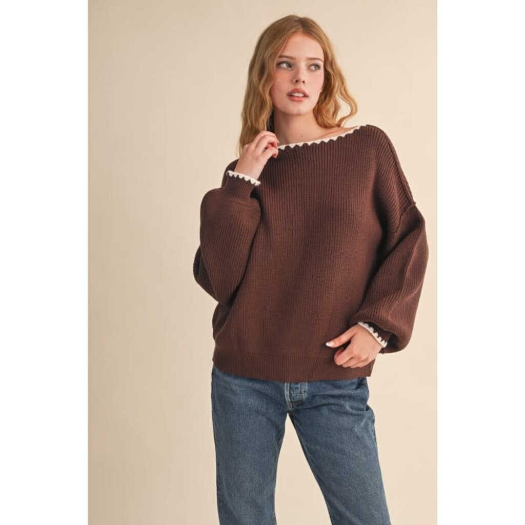 &Merci &Merci Boatneck Triangle Stitch Puff Sleeve Sweater