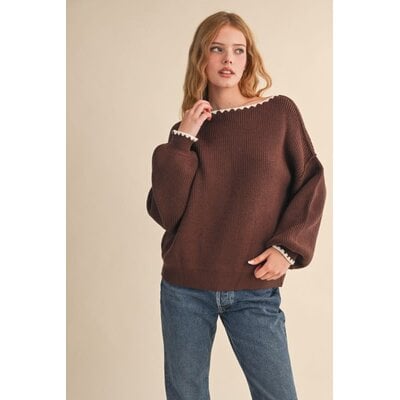 &Merci Boatneck Triangle Stitch Puff Sleeve Sweater