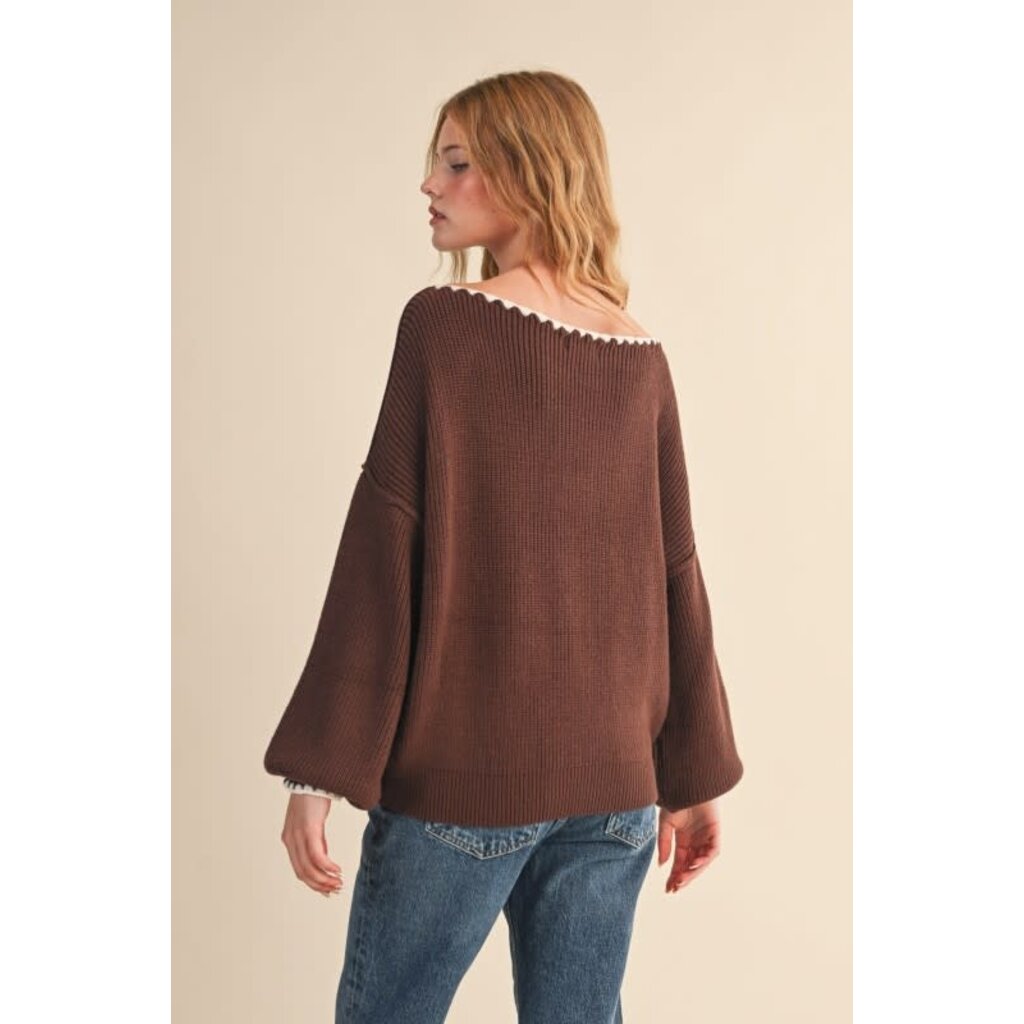 &Merci &Merci Boatneck Triangle Stitch Puff Sleeve Sweater