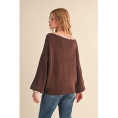 &Merci &Merci Boatneck Triangle Stitch Puff Sleeve Sweater
