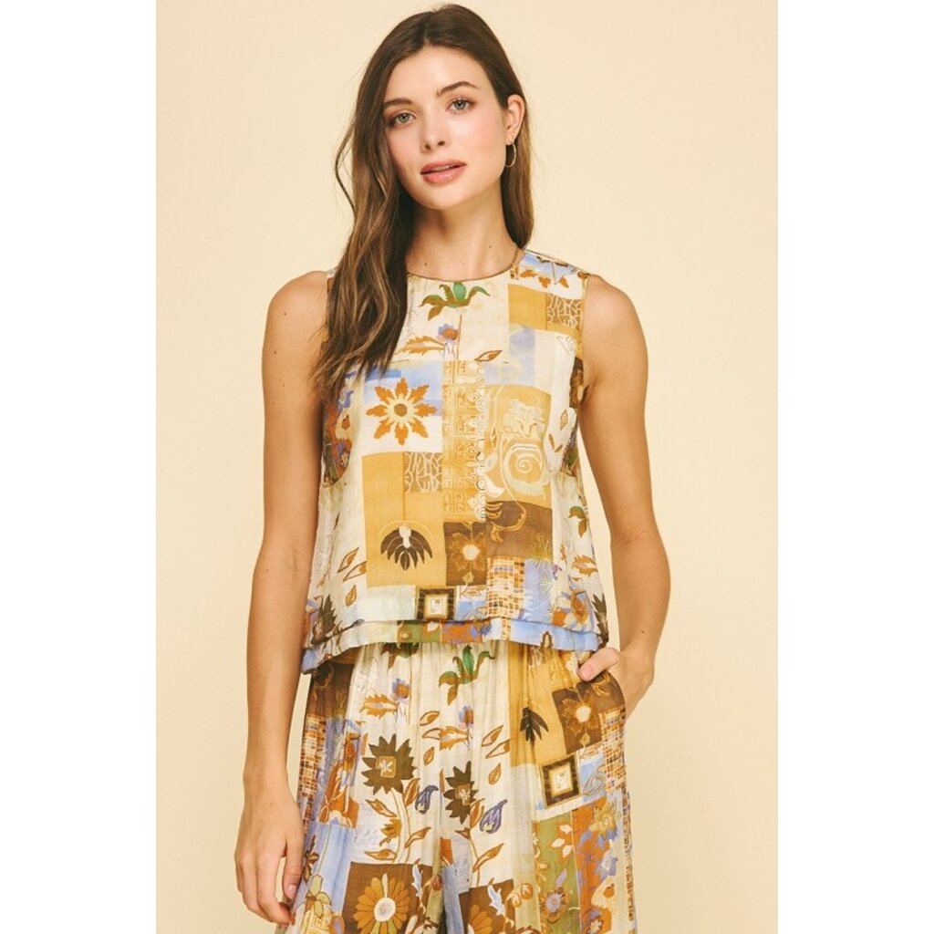 Pinch Pinch Print Sleeveless Top with Button Detail