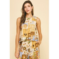 Pinch Pinch Print Sleeveless Top with Button Detail