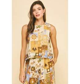 Pinch Print Sleeveless Top with Button Detail