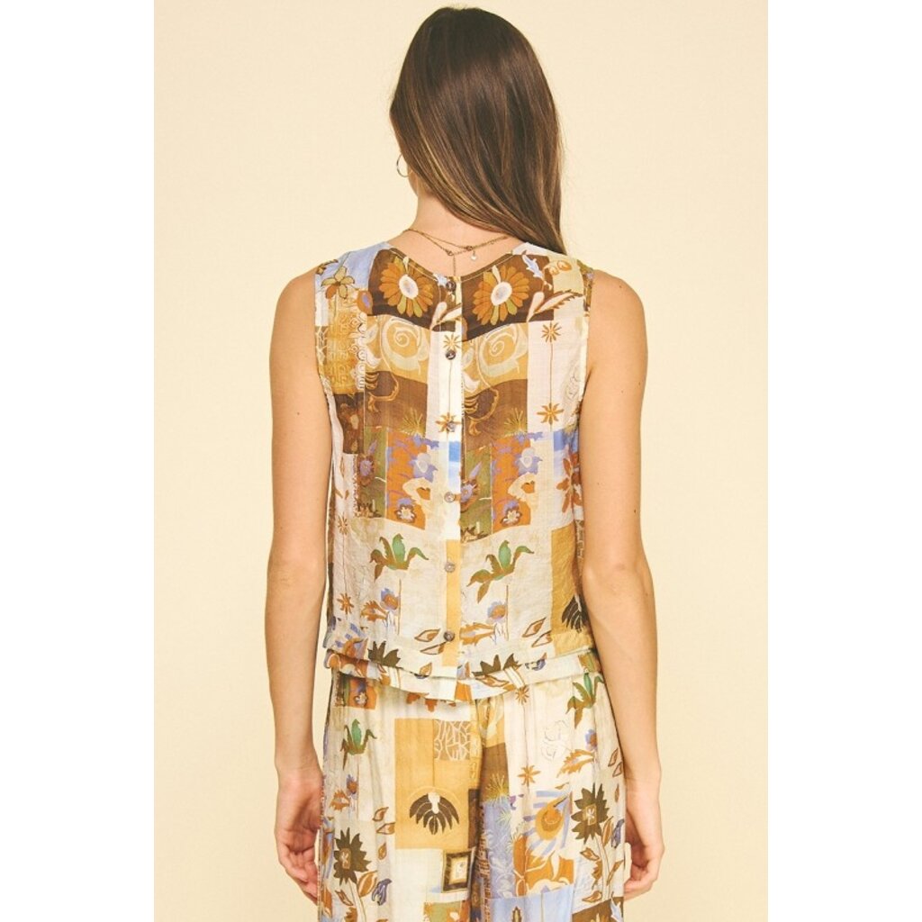 Pinch Pinch Print Sleeveless Top with Button Detail