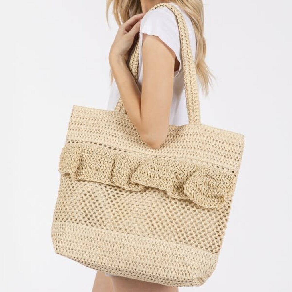 Joberry Joberry Ruffle Detail Crochet Straw Bag