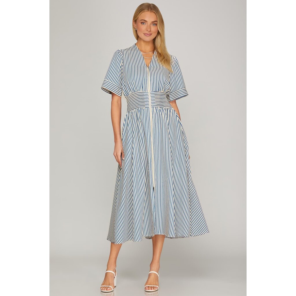 She + Sky She + Sky Short Sleeve Smocked Waist Midi Dress