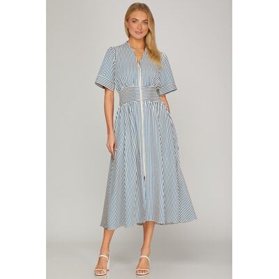 She + Sky Short Sleeve Smocked Waist Midi Dress