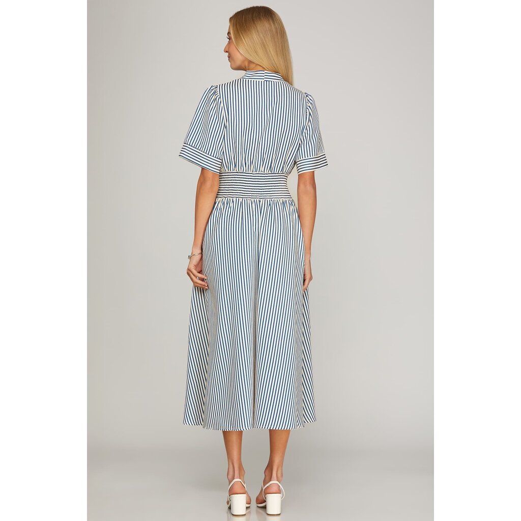 She + Sky She + Sky Short Sleeve Smocked Waist Midi Dress
