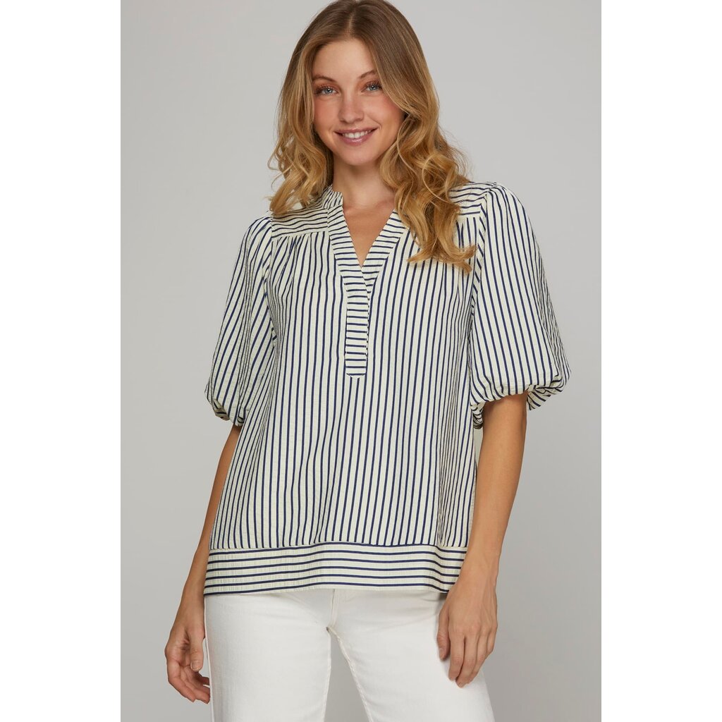 She + Sky She + Sky Bubble Sleeve Striped Woven Top