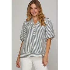 She + Sky She + Sky Bubble Sleeve Striped Woven Top